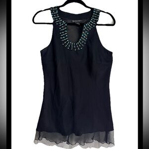 SPENSER JEREMY Black Silk Sleeveless Turquoise Top Sz M